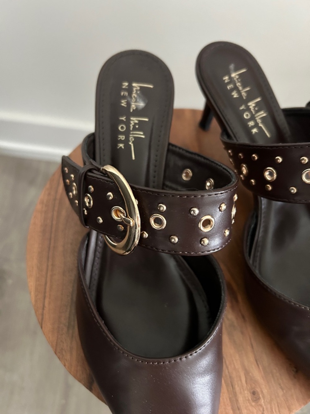 Nicole Miller 9.5 Pointed Toe Brown Mule with Studded Gold Buckle 2.5 in